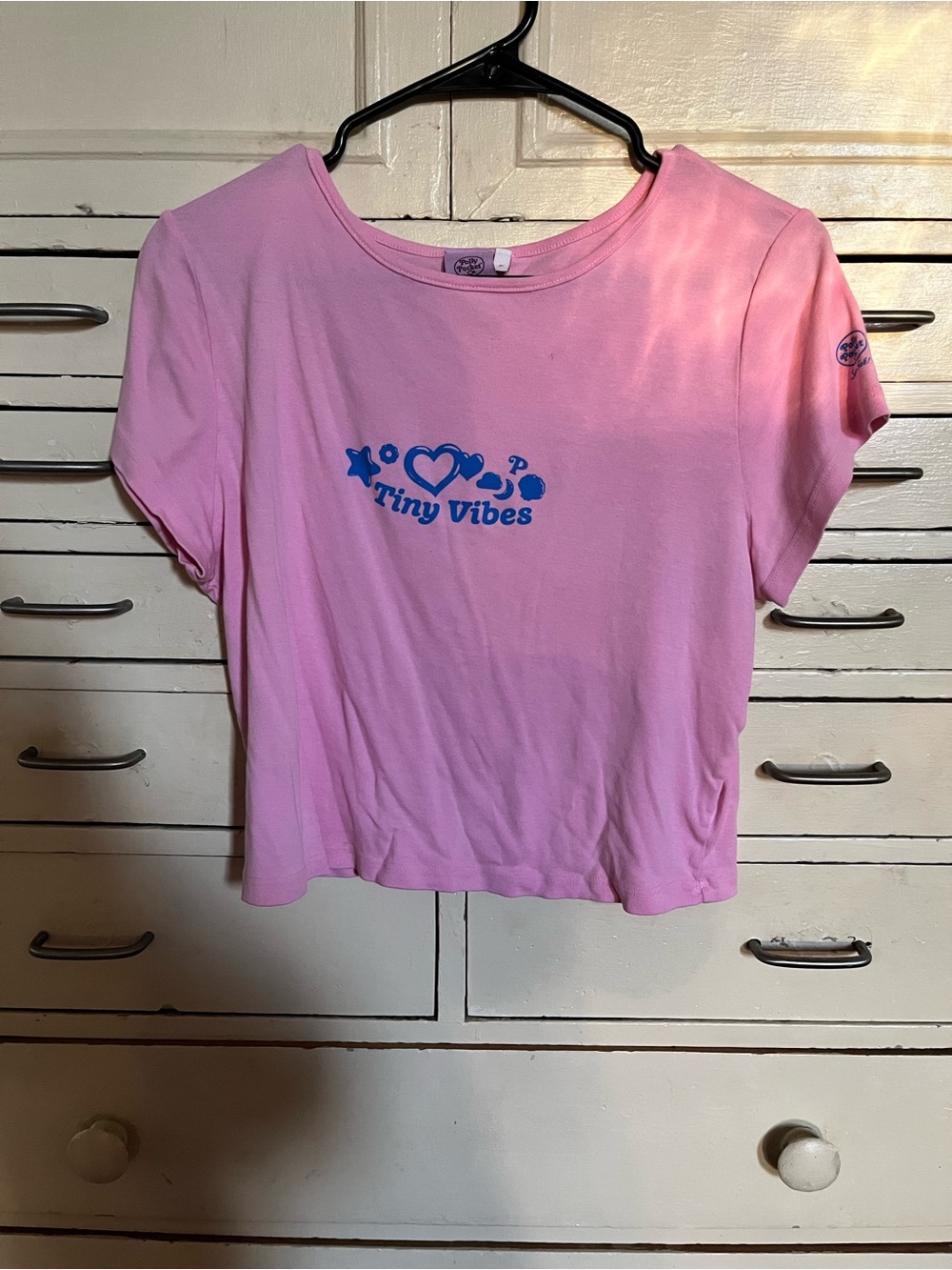 Lisa Says Gah x Polly Pocket Pink Cropped Tee with Blue 'Tiny Vibes' Graphic